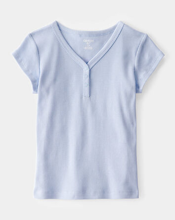 Kid Ribbed Short-Sleeve Henley Shirt - Blue, 