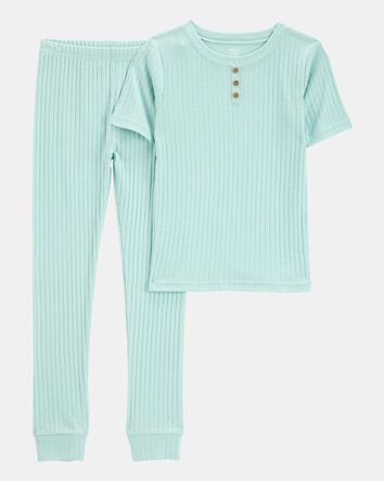 Kid Solid Ribbed Cotton Blend 2-Piece Pajamas - Teal, 