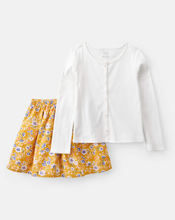 Kid 2-Piece Button-Front Cardigan & Floral Skort Set - White/Gold, 