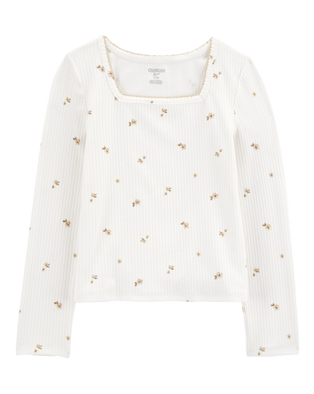 Girls Long-Sleeve Floral Rib Tee - Ivory, 